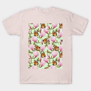 Magnolia Flowers With Butterflies On Green Background T-Shirt